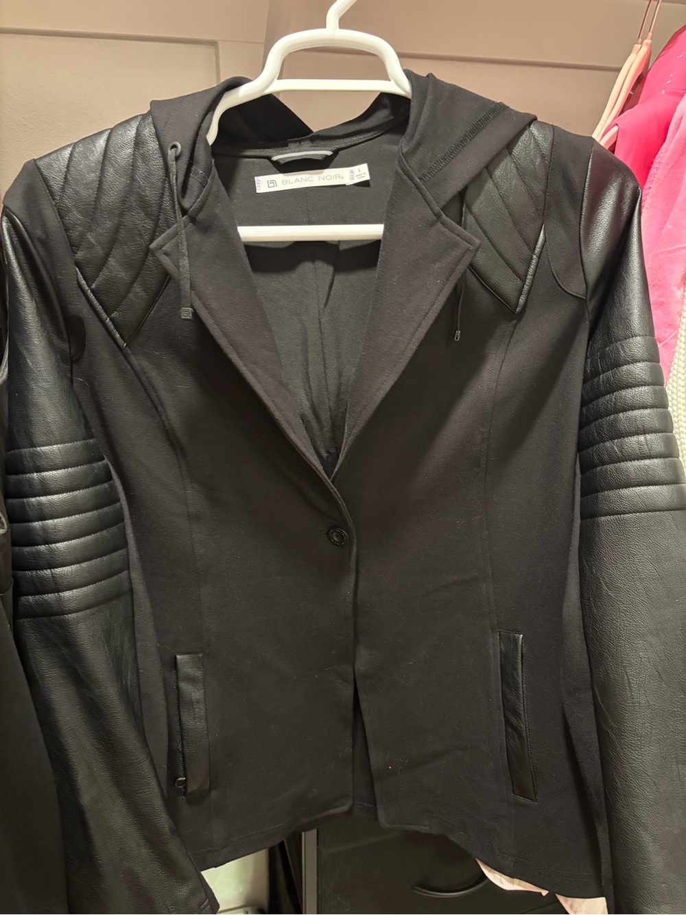 blanc noir Black Hooded Moto-Style Jacket with Quilted Panels
